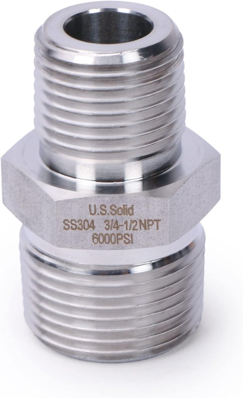 U.S. Solid 304 Stainless Steel Hex Nipple, 6000 psi High Pressure Heavy Duty Pipe Fitting (1 pc), 3/4" x 1/2" NPT Male - Image 1